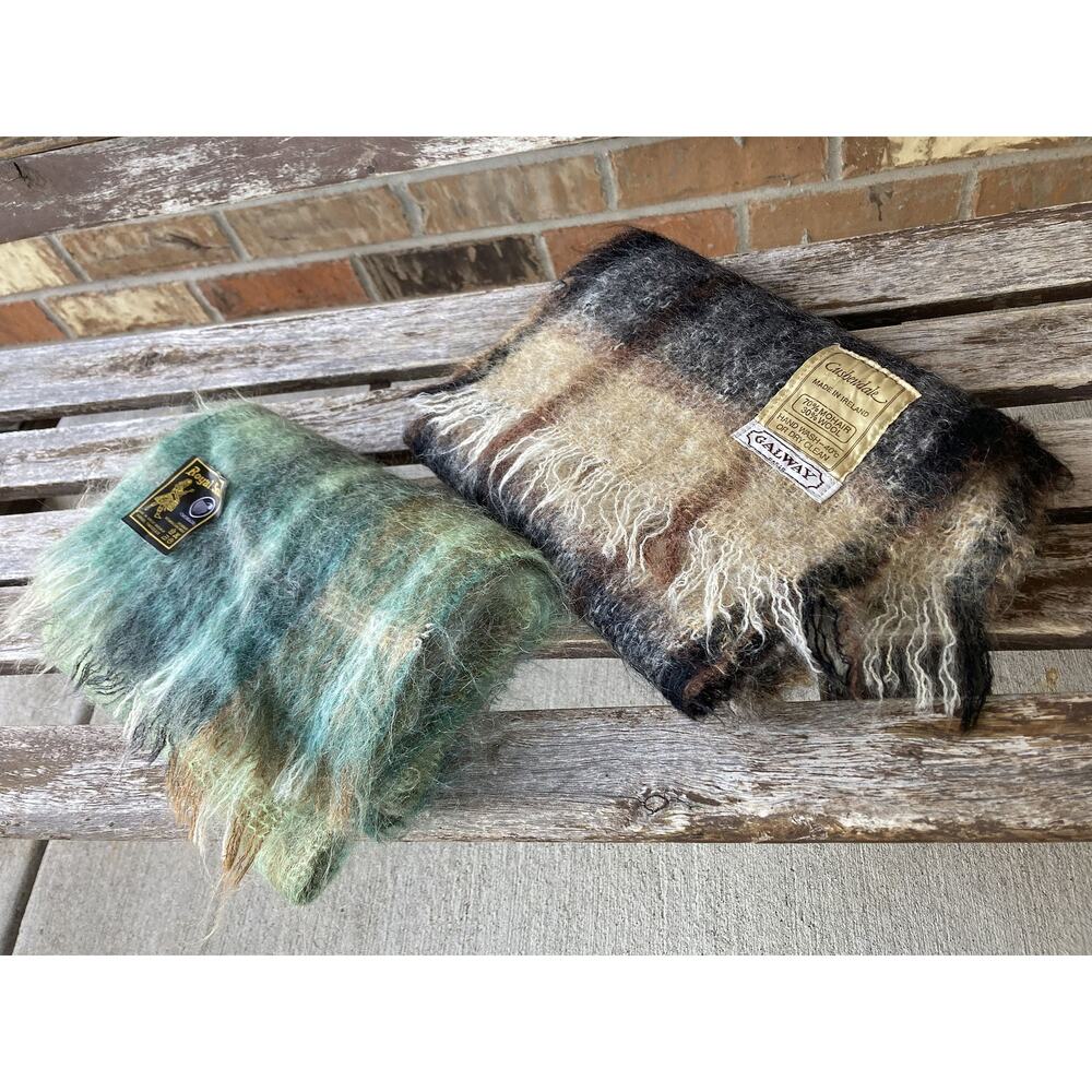 Lot of 2 MOHAIR Muffler Scurf Green & Brown Plaid Made in England, Ireland